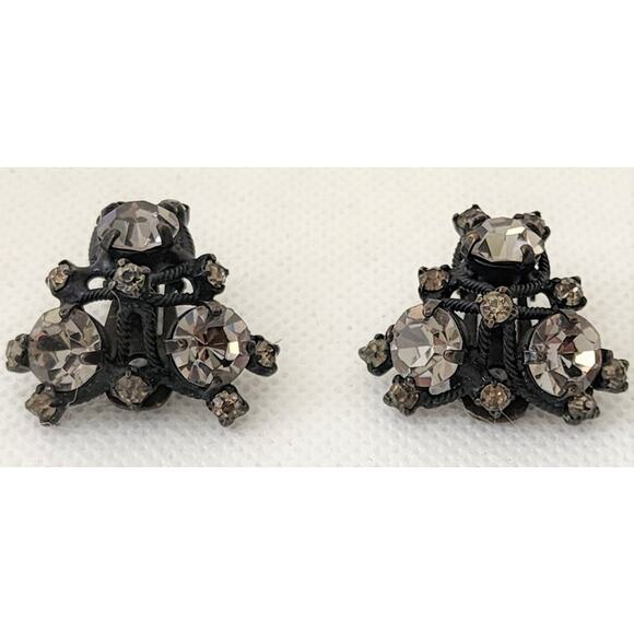 Earrings-Clip On-Vintage Joseph Warner-Black Metal-Dark Rhinestones - Picture 7 of 10